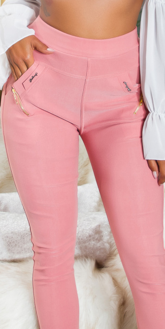 Hoge taille skinny broek met goud ritssluitingen roze